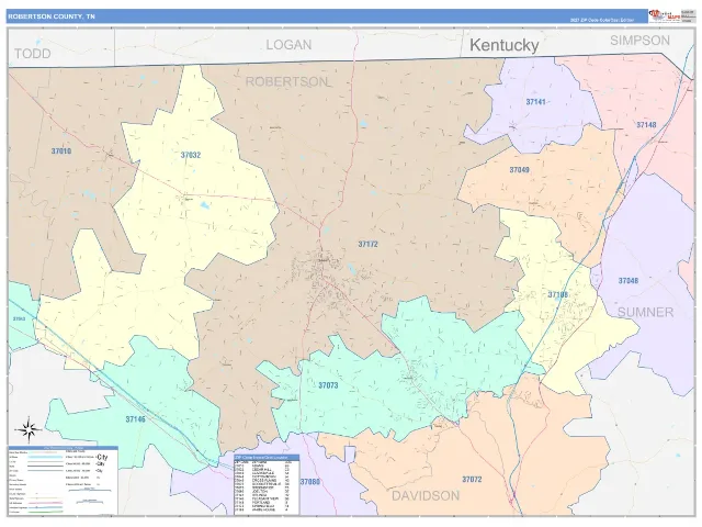 Robertson County, TN ZIP Code Wall Map, ColorCast style
