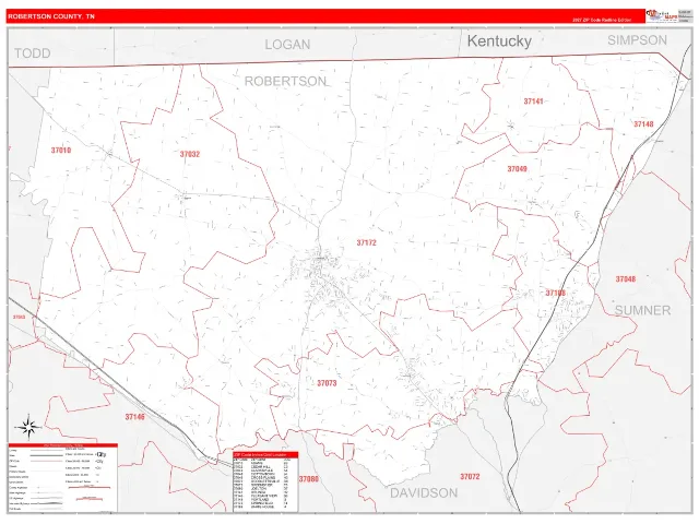 Robertson County, TN ZIP Code Wall Map, RedLine style