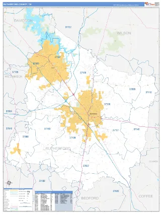 Rutherford County, TN Business Reference style ZIP Code wall map