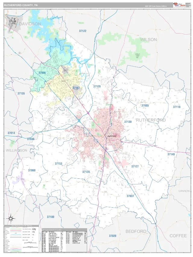 Rutherford County, TN ZIP Code Wall Map, Classic style