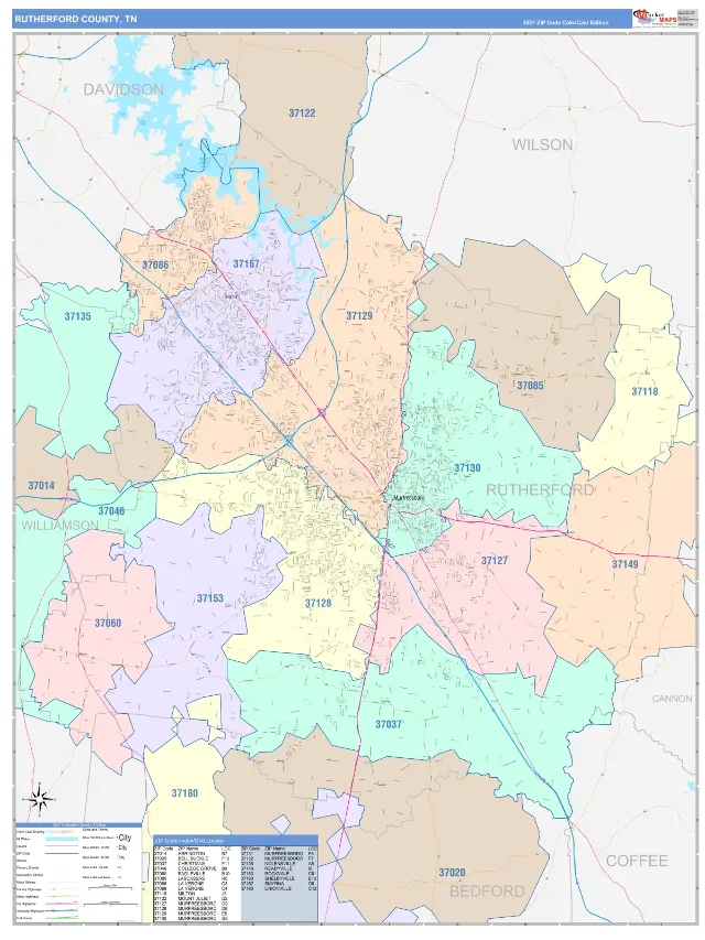 Rutherford County, TN ZIP Code Wall Map, ColorCast style