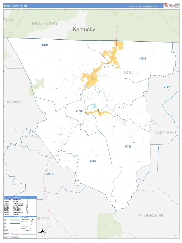Scott County, TN ZIP Code Wall Map, Business Reference style