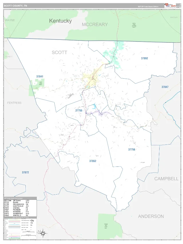 Scott County, TN ZIP Code Wall Map, Classic style