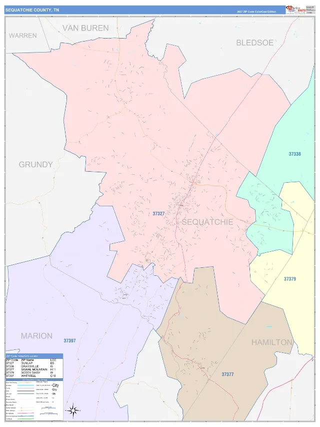 Sequatchie County, TN ZIP Code Wall Map, ColorCast style
