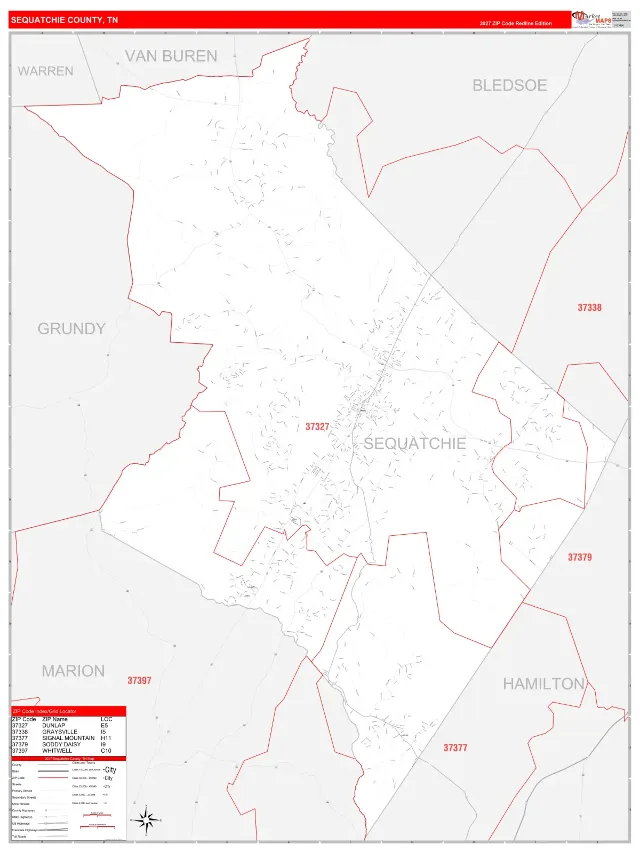 Sequatchie County, TN ZIP Code Wall Map, RedLine style
