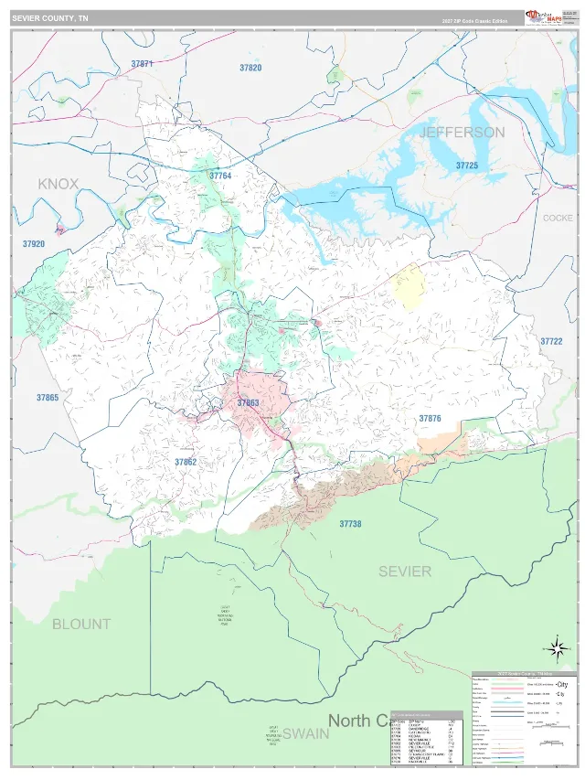 Sevier County, TN ZIP Code Wall Map, Classic style