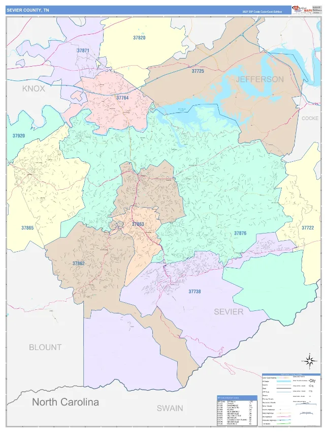 Sevier County, TN ZIP Code Wall Map, ColorCast style