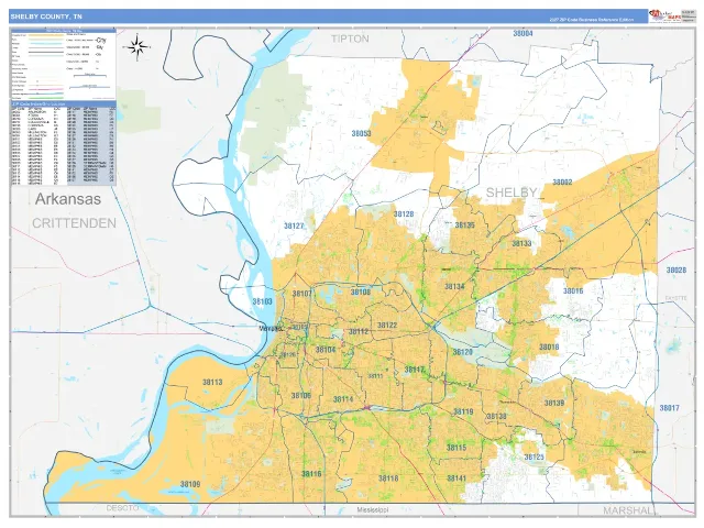 Shelby County, TN ZIP Code Wall Map, Business Reference style