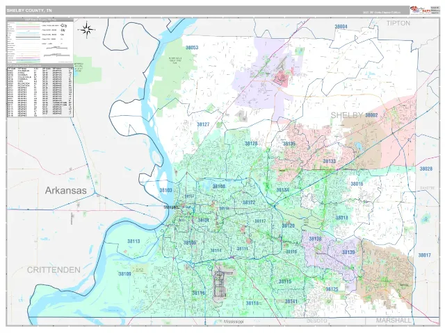Shelby County, TN ZIP Code Wall Map, Classic style