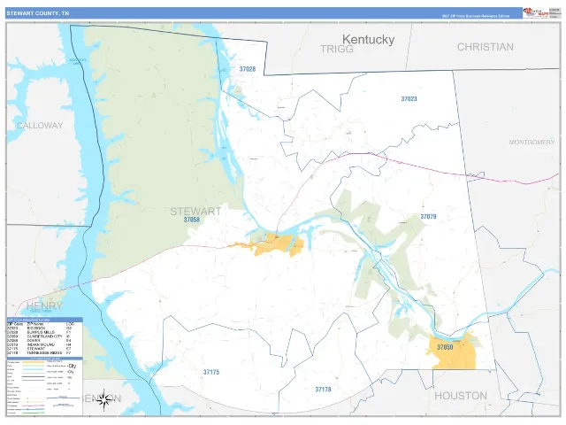 Stewart County, TN ZIP Code Wall Map, Business Reference style
