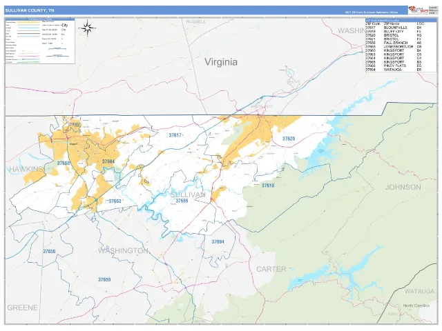 Sullivan County, TN ZIP Code Wall Map, Business Reference style