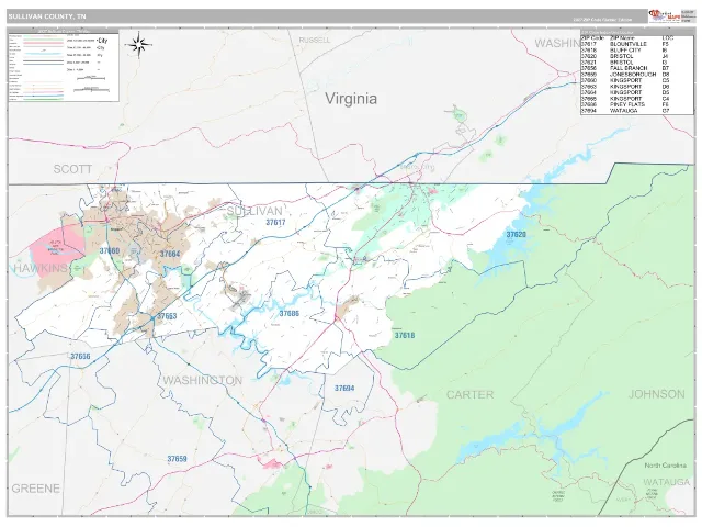 Sullivan County, TN ZIP Code Wall Map, Classic style