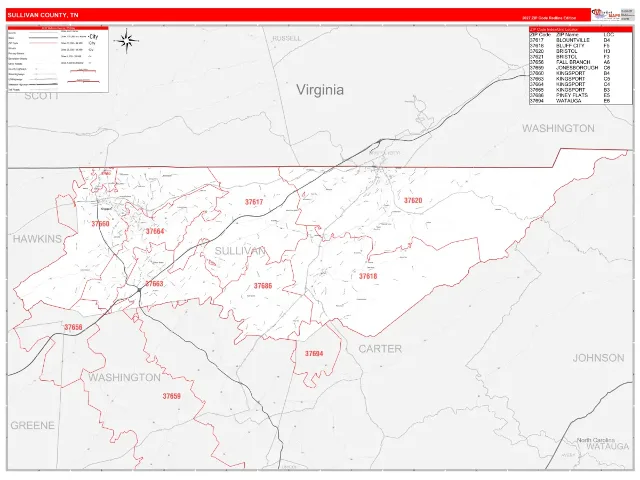 Sullivan County, TN ZIP Code Wall Map, RedLine style
