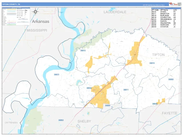 Tipton County, TN ZIP Code Wall Map, Business Reference style