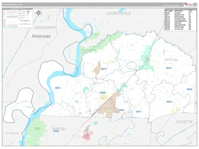 Tipton County, TN ZIP Code Wall Map, Classic style