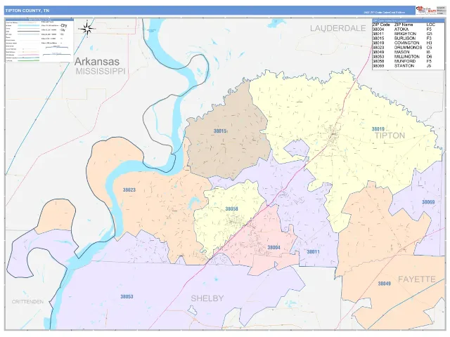 Tipton County, TN ZIP Code Wall Map, ColorCast style
