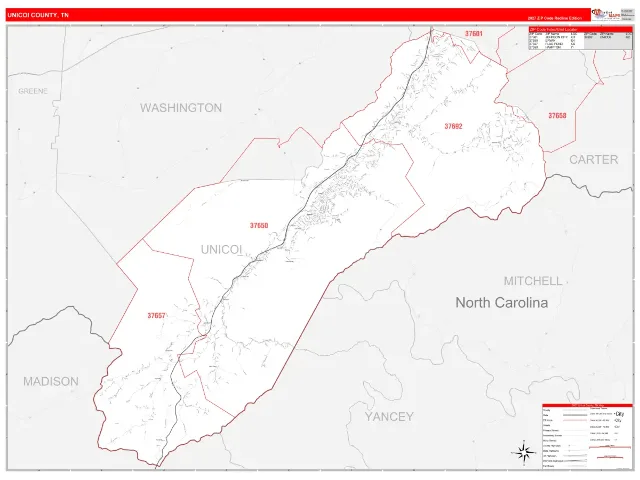 Unicoi County, TN ZIP Code Wall Map, RedLine style