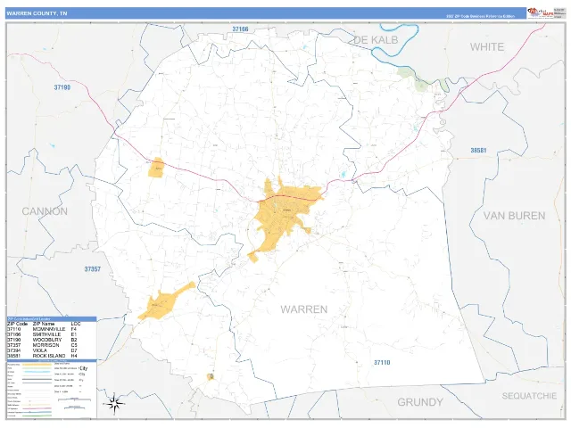 Warren County, TN ZIP Code Wall Map, Business Reference style