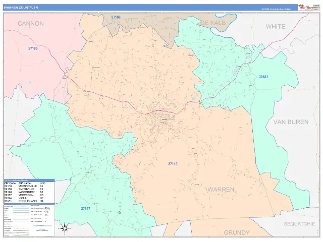 Warren County, TN ZIP Code Wall Map, ColorCast style
