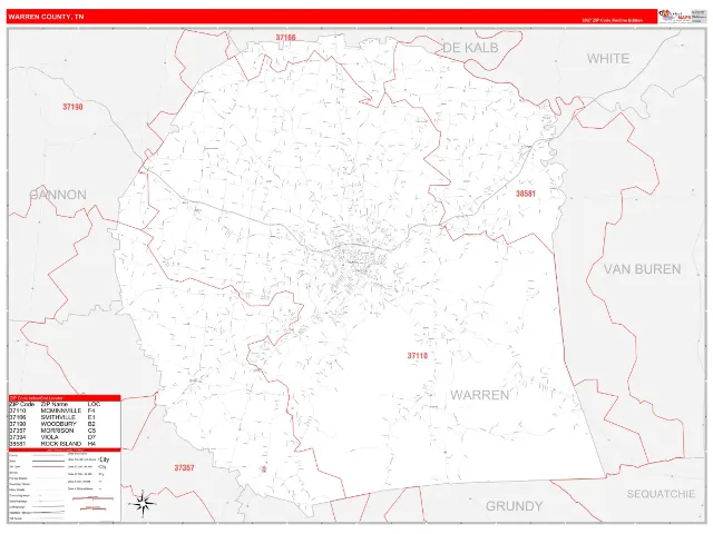 Warren County, TN ZIP Code Wall Map, RedLine style