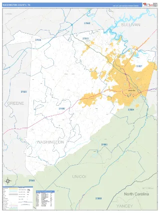 Washington County, TN Business Reference style ZIP Code wall map