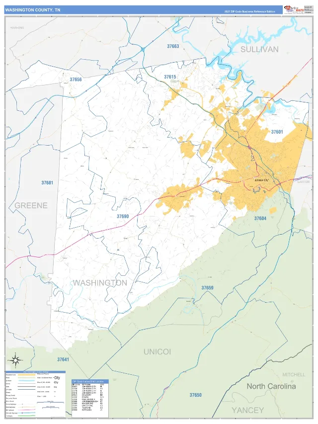Washington County, TN ZIP Code Wall Map, Business Reference style