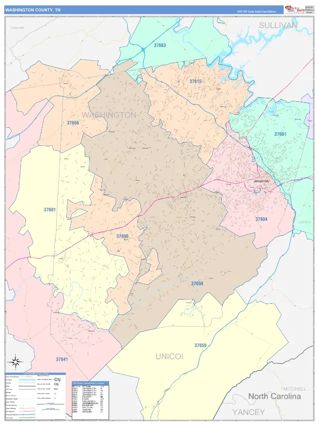 Washington County, TN ZIP Code Wall Map, ColorCast style