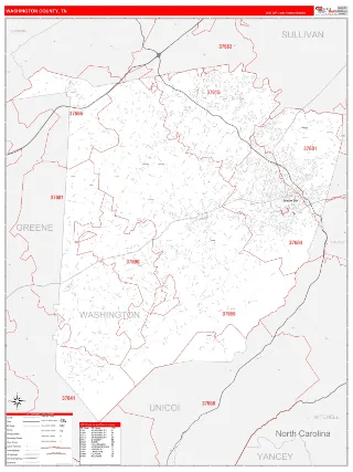 Washington County, TN RedLine style ZIP Code wall map