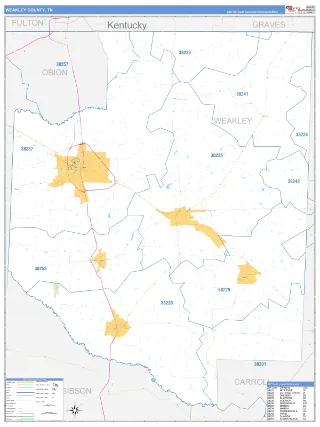 Weakley County, TN Business Reference style ZIP Code wall map