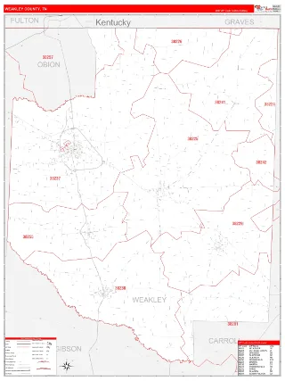 Weakley County, TN RedLine style ZIP Code wall map