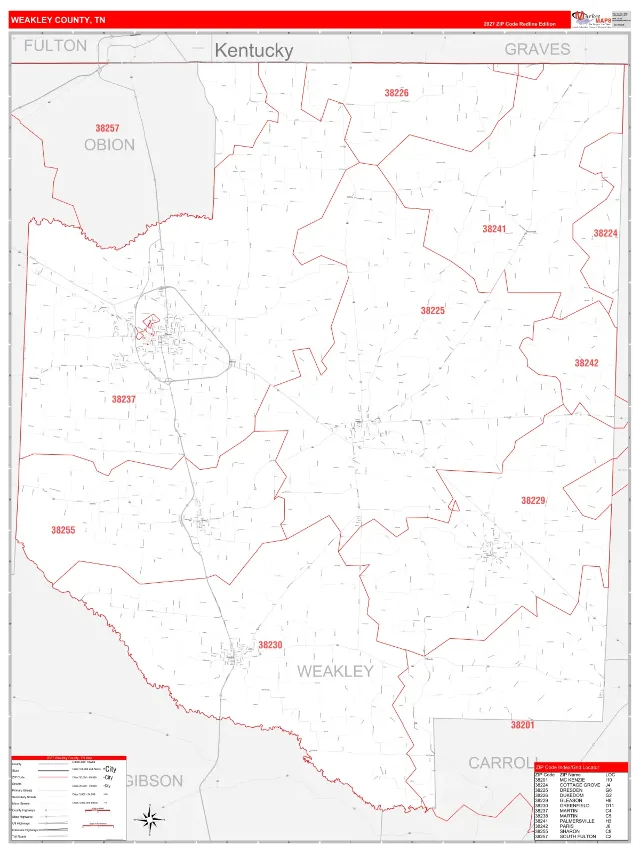 Weakley County, TN ZIP Code Wall Map, RedLine style
