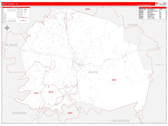 White County, TN ZIP Code Wall Map, RedLine style
