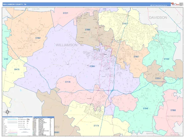 Williamson County, TN ZIP Code Wall Map, ColorCast style