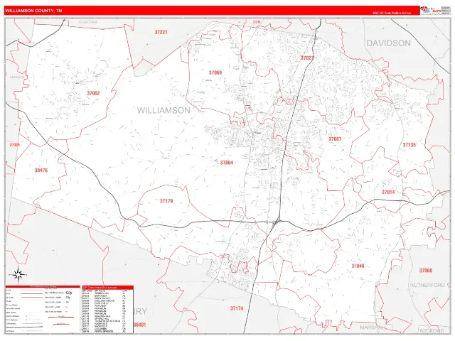 Williamson County, TN ZIP Code Wall Map, RedLine style