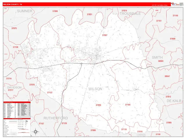 Wilson County, TN ZIP Code Wall Map, RedLine style