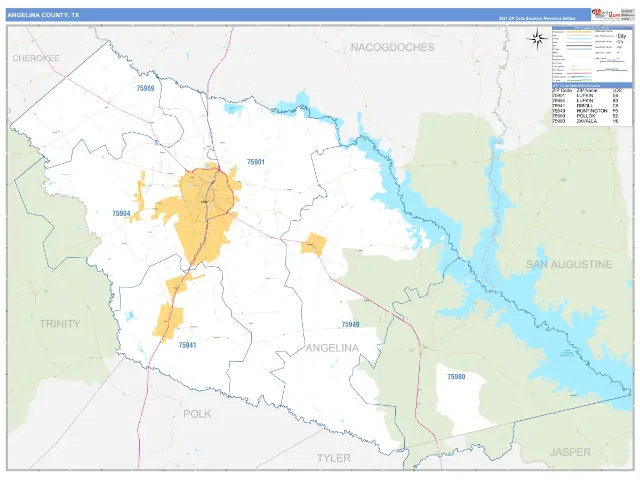 Angelina County, TX ZIP Code Wall Map, Business Reference style