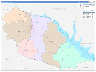 Angelina County, TX ColorCast style ZIP Code wall map