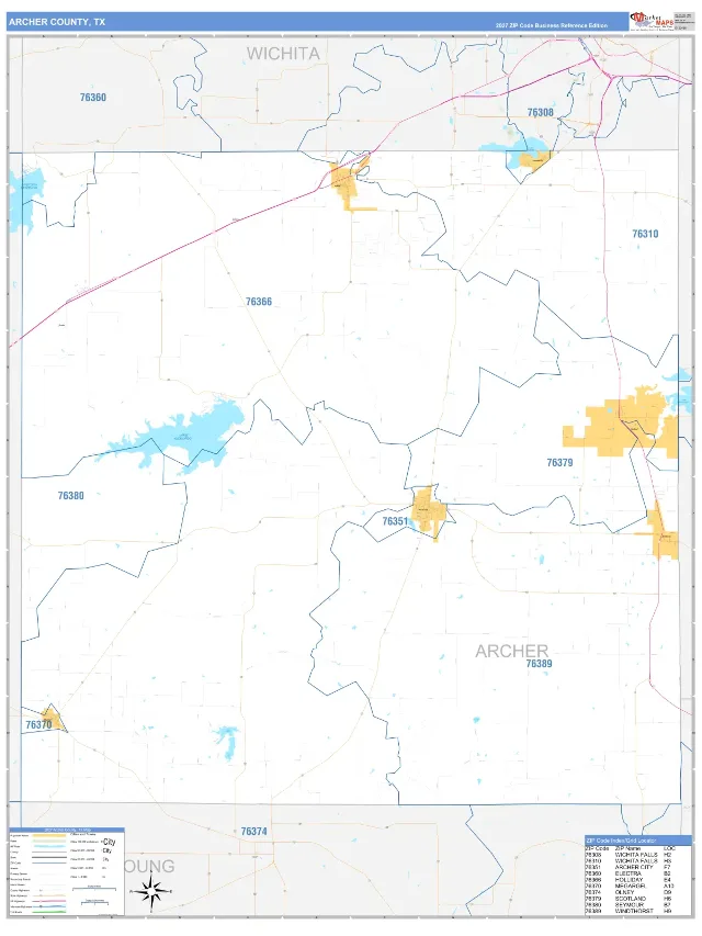 Archer County, TX ZIP Code Wall Map, Business Reference style
