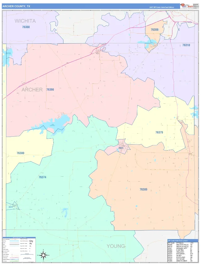 Archer County, TX ZIP Code Wall Map, ColorCast style
