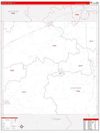 Archer County, TX RedLine style ZIP Code wall map
