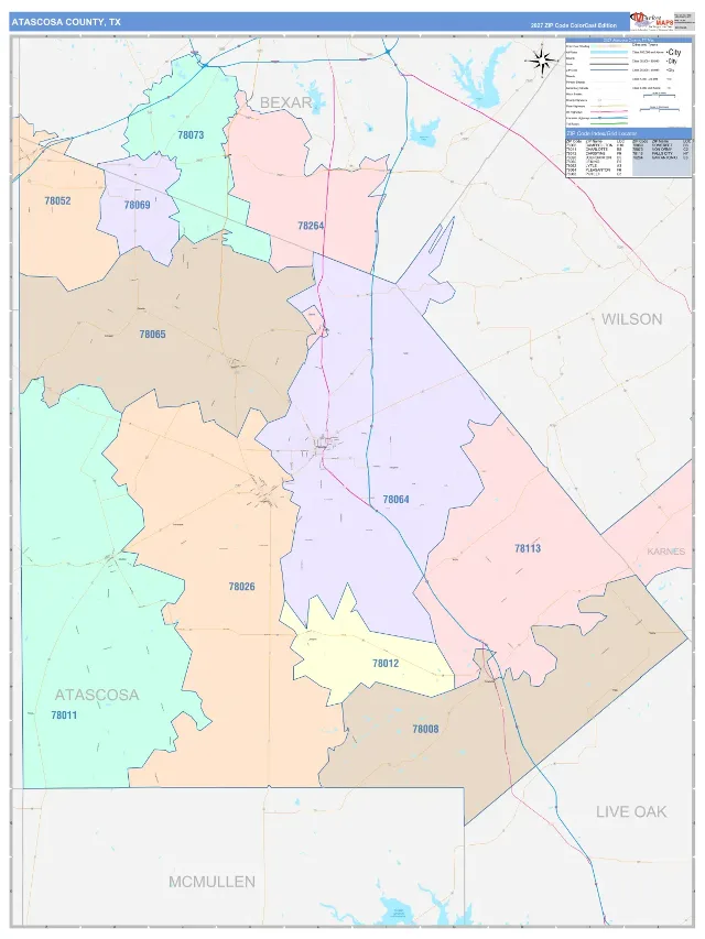 Atascosa County, TX ZIP Code Wall Map, ColorCast style