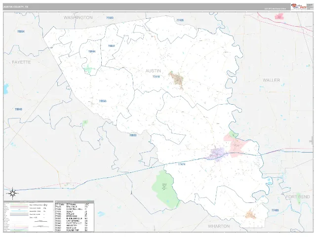 Austin County, TX ZIP Code Wall Map, Classic style