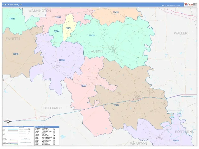 Austin County, TX ZIP Code Wall Map, ColorCast style