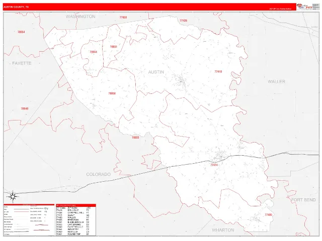 Austin County, TX ZIP Code Wall Map, RedLine style