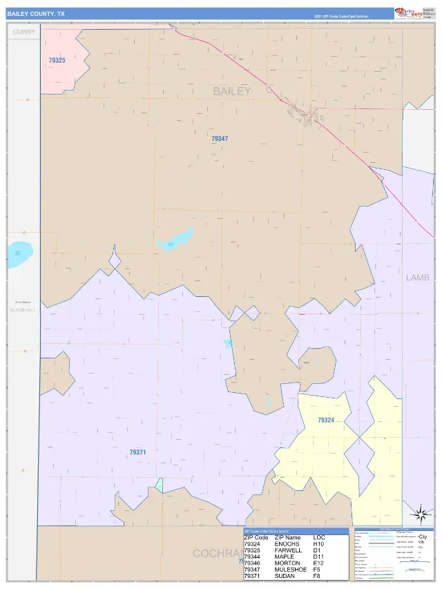 Bailey County, TX ZIP Code Wall Map, ColorCast style