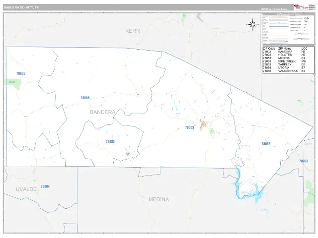 Bandera County, TX ZIP Code Wall Map, Classic style