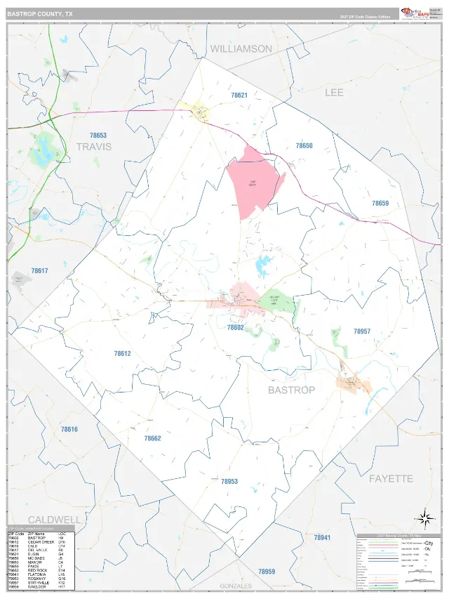 Bastrop County, TX ZIP Code Wall Map, Classic style