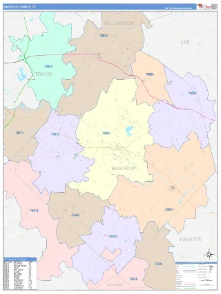 Bastrop County, TX ColorCast style ZIP Code wall map