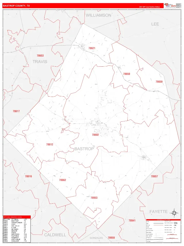 Bastrop County, TX ZIP Code Wall Map, RedLine style