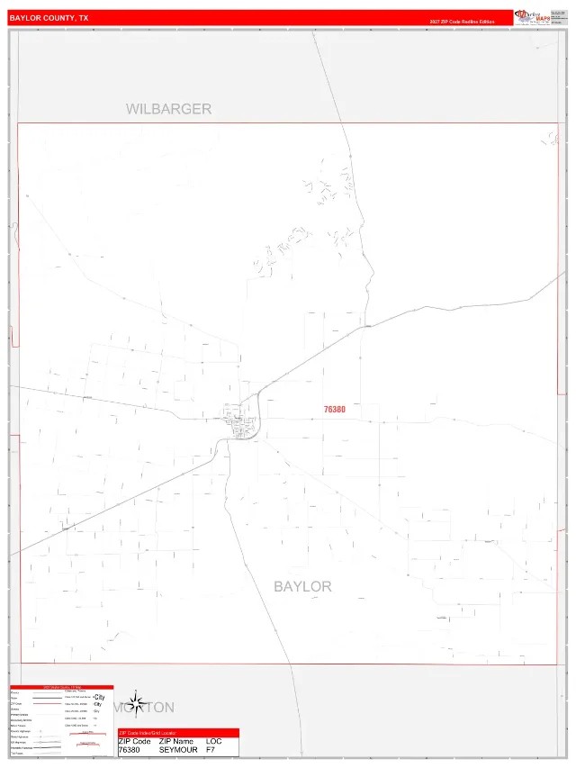 Baylor County, TX ZIP Code Wall Map, RedLine style